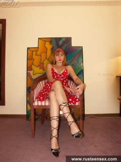 Teen blonde in red dress posing sexy - N