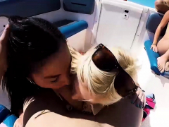 Four naughty teen BFFs public banging on a speed boat
