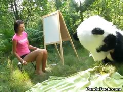 Sex in the woods with a huge toy panda