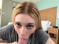 This skinny blonde takes on an 8 inch cock